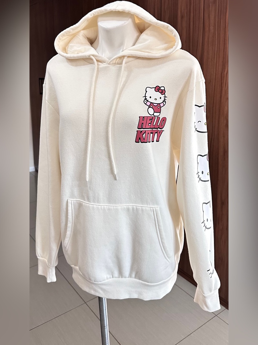 Hello Kitty Cream Pullover Hoodie with Pink Graphics & Kangaroo Pocket MEDIUM